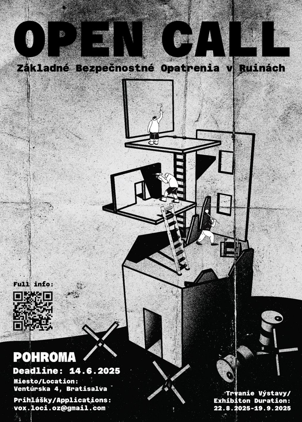 Vox Loci POHROMA OC - plagát - kresba ľudia robia umenie na ruine